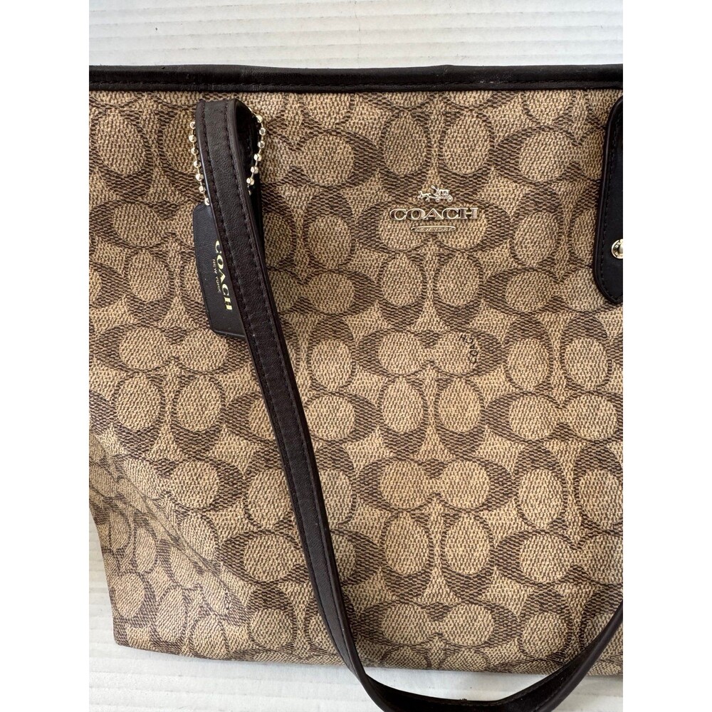Coach City Tote Signature Leather Canvas Tote 5696 Shoulder Bag Purse Brown - Picture 2 of 8
